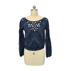 Free People Blouse Womens XS Navy Crochet‎ Lace Yoke Boho Peasant Long Sleeve